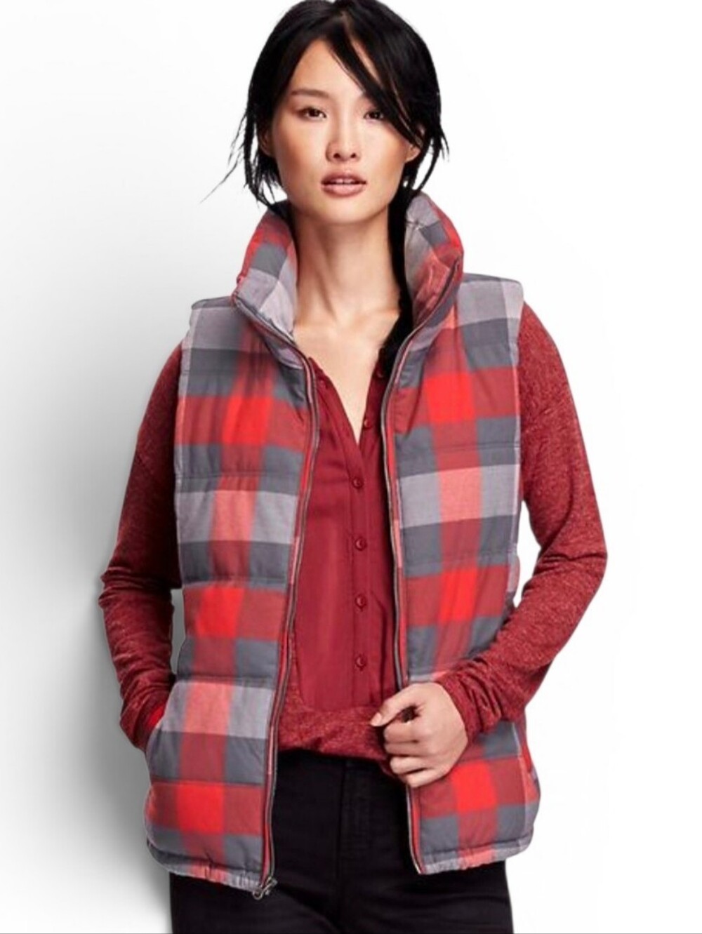 Old Navy Frost Free Buffalo Plaid Puffer Vest Red Gray Fleece Lined Womens Large